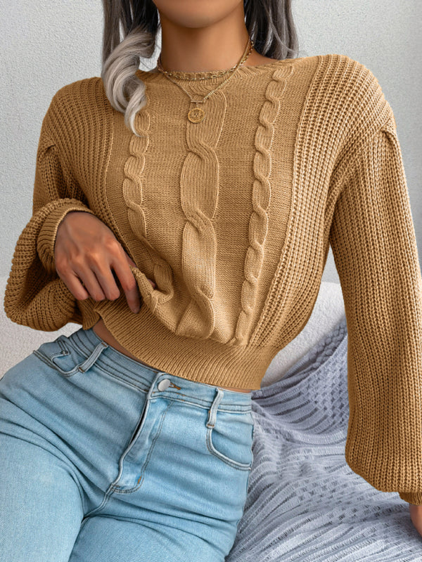 Women's leisure fried dough twist lantern sleeve waist knit sweater