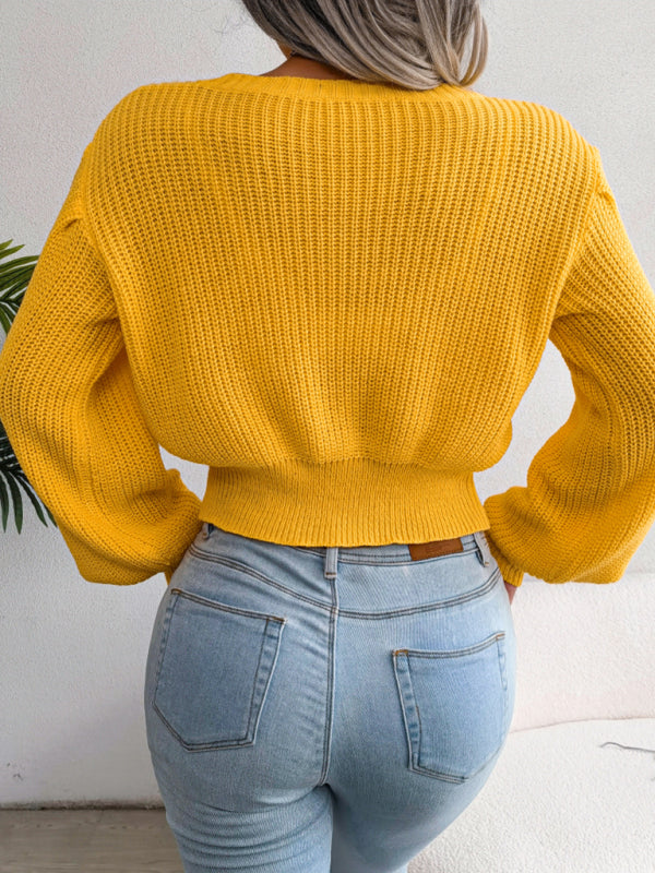 महिलाओं के लिए अवकाश तला हुआ आटा ट्विस्ट लालटेन आस्तीन कमर बुना हुआ स्वेटर