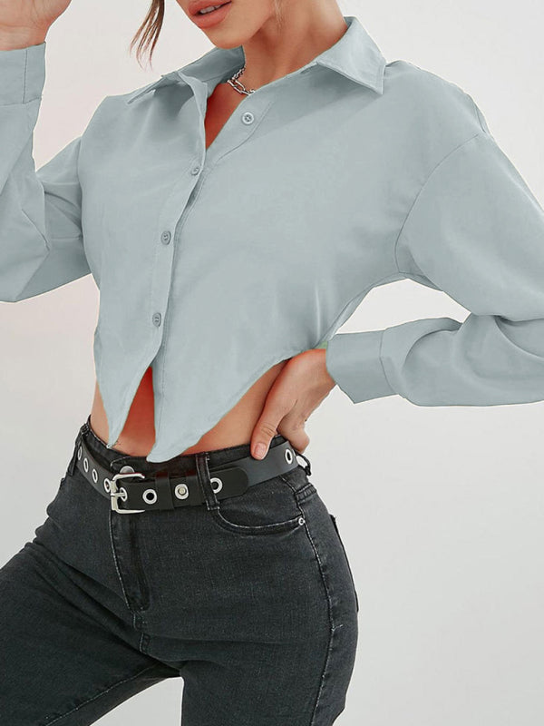 Women's Irregular Hem Lapel Elegant Long Sleeve Shirt