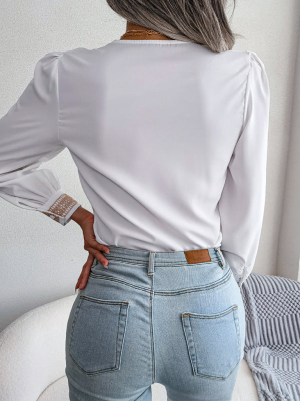 महिलाओं का स्वभाव फीता वी-गर्दन लंबी आस्तीन शिफॉन शर्ट