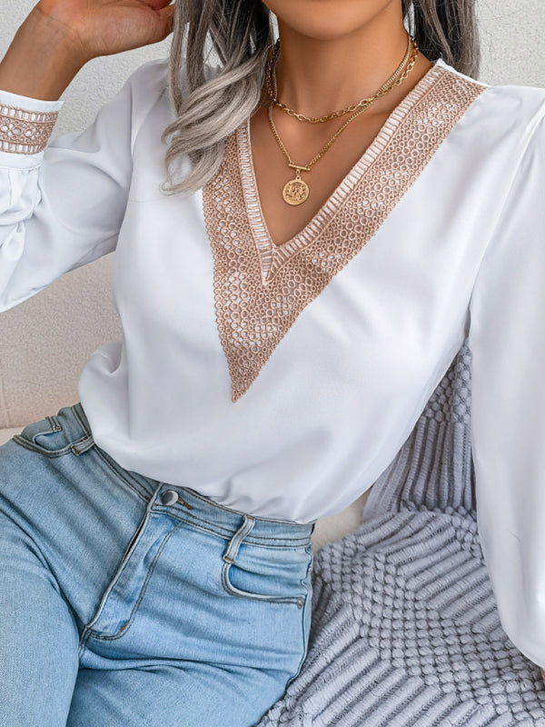 Women's Lace V-neck Long Sleeve Chiffon Shirt