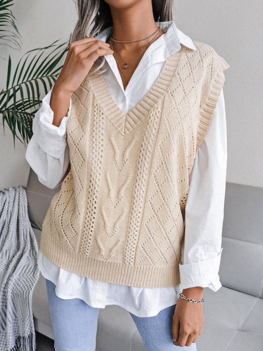 Women's hollow out fried dough twist V-neck knitted sweater vest