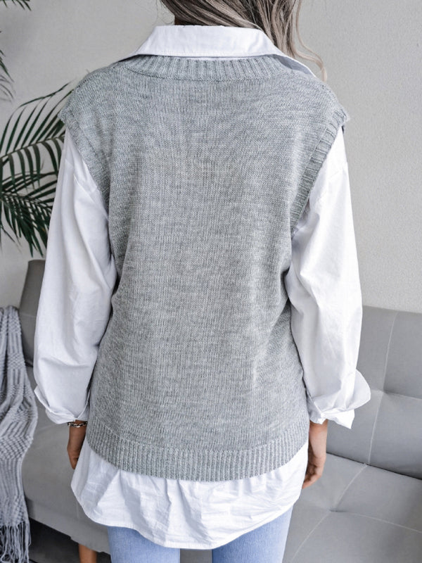 महिलाओं का खोखला आउट तला हुआ आटा ट्विस्ट वी-गर्दन बुना हुआ बनियान स्वेटर