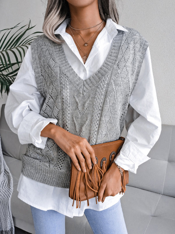 Women's hollow out fried dough twist V-neck knitted sweater vest