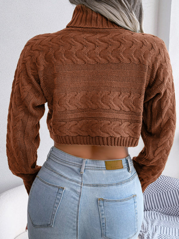 Women's casual fried dough twist long sleeve high neck navel revealing knitted sweater