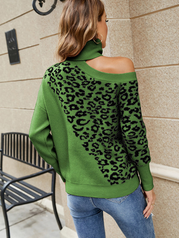 Women's Lapel Leopard Print Off Shoulder Sweater
