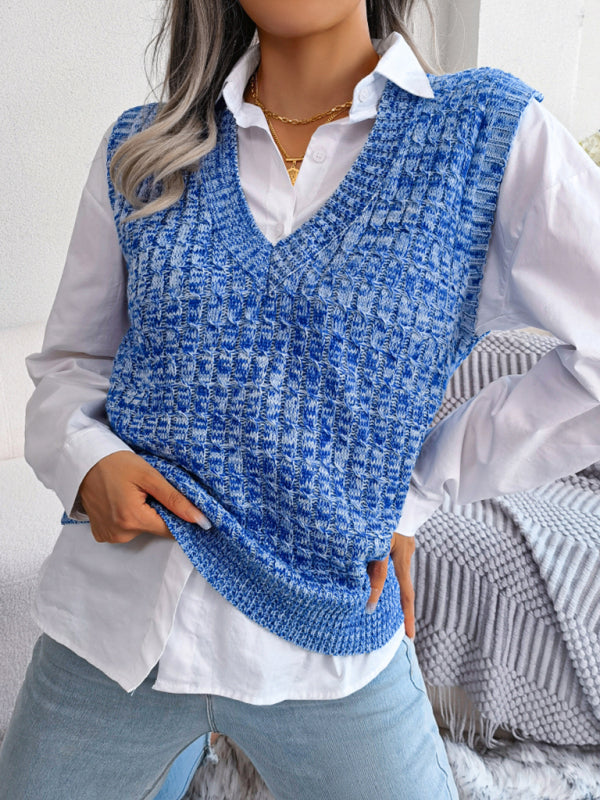 Women's color fried dough twist V-neck knitted sweater vest