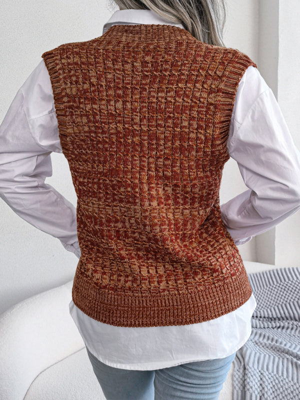 महिलाओं का रंग तला हुआ आटा ट्विस्ट वी-गर्दन बुना हुआ बनियान स्वेटर बनियान