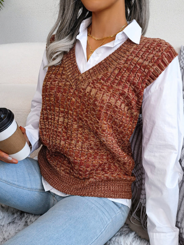 महिलाओं का रंग तला हुआ आटा ट्विस्ट वी-गर्दन बुना हुआ बनियान स्वेटर बनियान