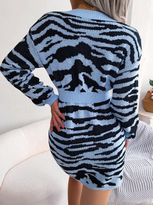 Women's tiger pattern lantern sleeve waist closed knitted dress