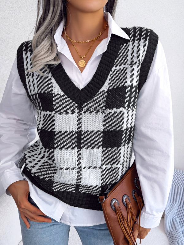 Women's casual contrast color plaid knitted sweater vest