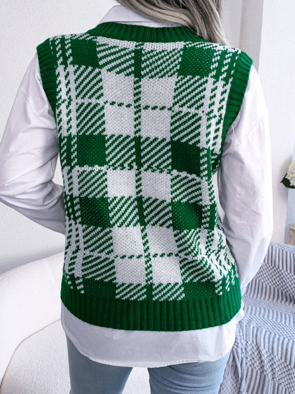 Women's casual contrast color plaid knitted sweater vest