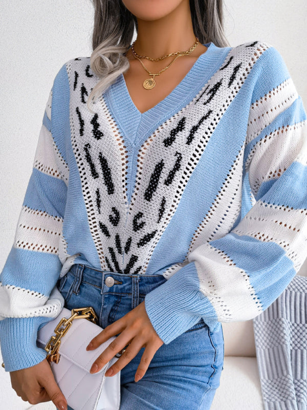 महिलाओं का कंट्रास्ट तेंदुआ प्रिंट लालटेन आस्तीन बुना हुआ स्वेटर