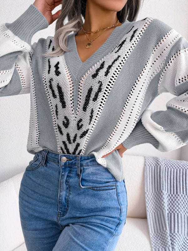 Women's contrast leopard print lantern sleeve knitted sweater
