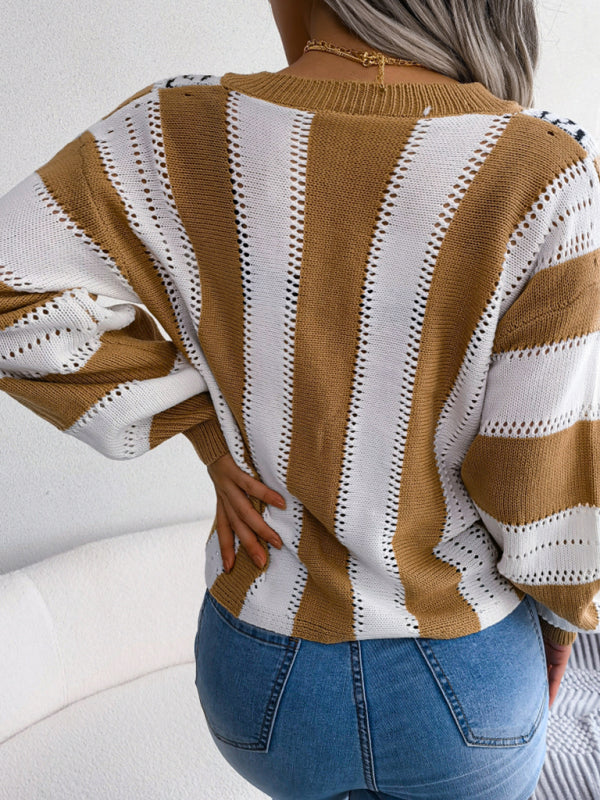 महिलाओं का कंट्रास्ट तेंदुआ प्रिंट लालटेन आस्तीन बुना हुआ स्वेटर