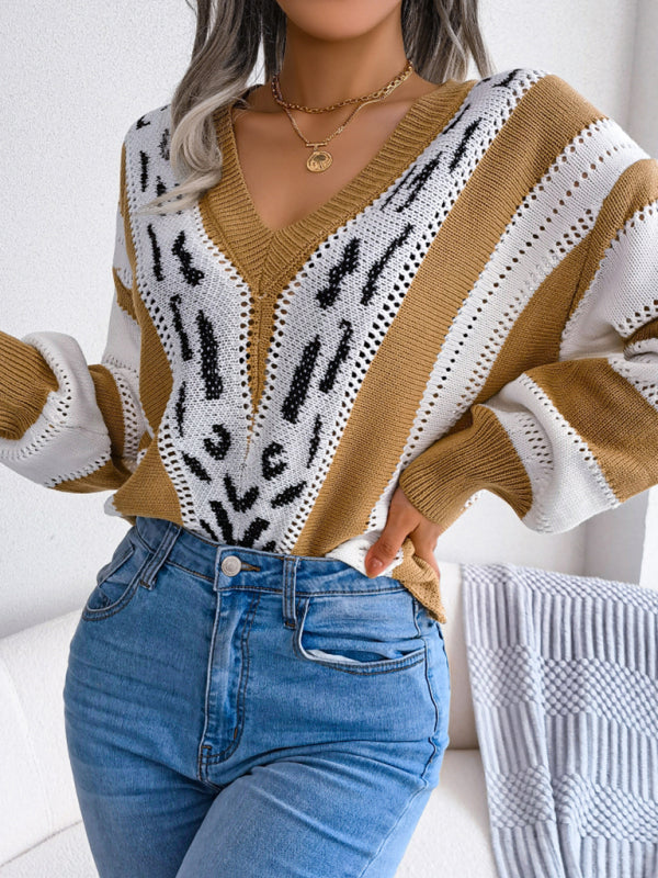 Women's contrast leopard print lantern sleeve knitted sweater