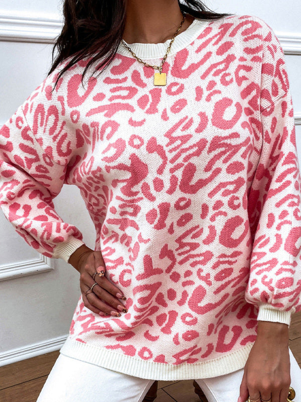 Women's Contrast Leopard Print Pullover Loose Sweater