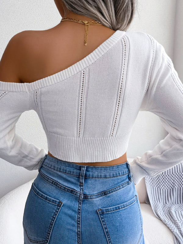 Women's casual hollow out off shoulder long sleeve off navel sweater