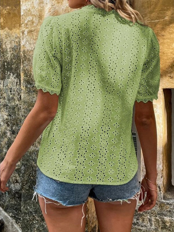 Women's solid color short-sleeved hollow shirt