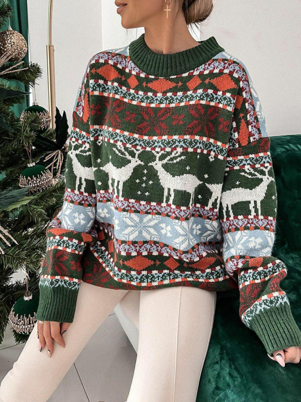 महिलाओं का क्रिसमस क्रू नेक ढीला जैक्वार्ड लंबी आस्तीन स्वेटर