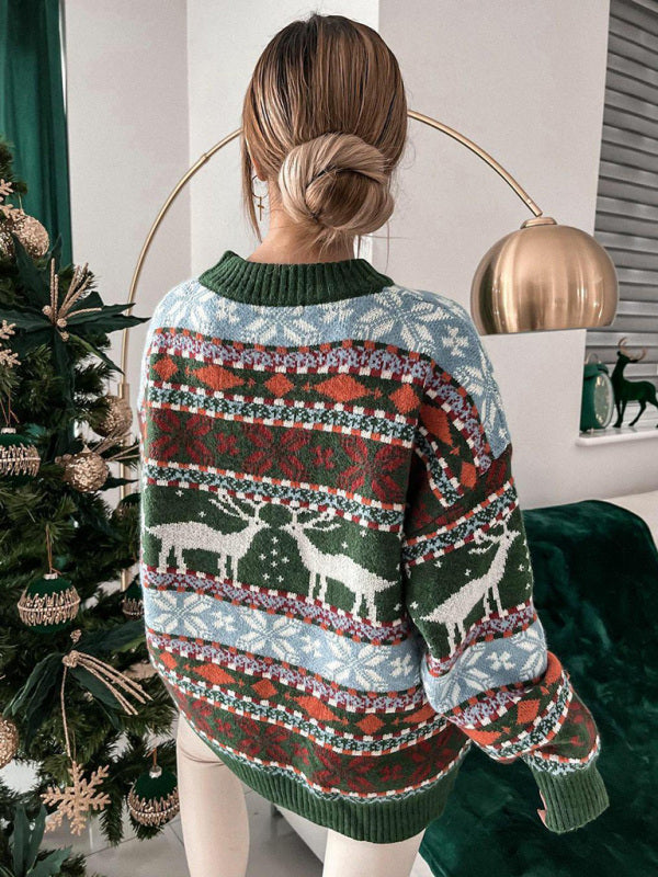 महिलाओं का क्रिसमस क्रू नेक ढीला जैक्वार्ड लंबी आस्तीन स्वेटर