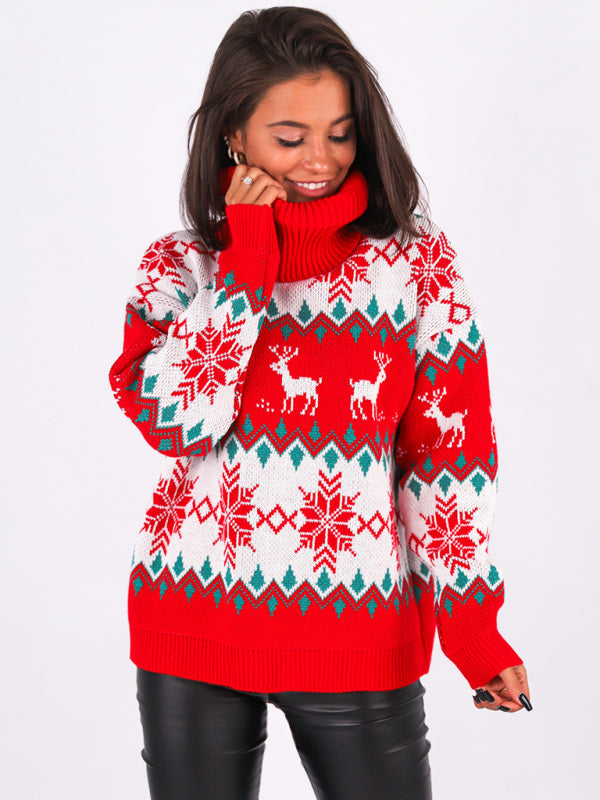 女款時尚寬鬆針織聖誕毛衣，高領折疊高領毛衣