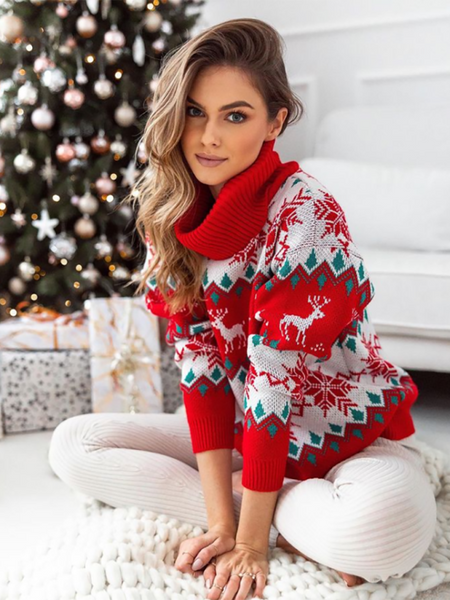 Women's Christmas Jacquard Turtleneck Long Sleeve Sweater