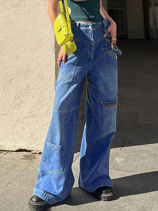 Multi-pocketed, zipped, distressed jeans with straight wide leg