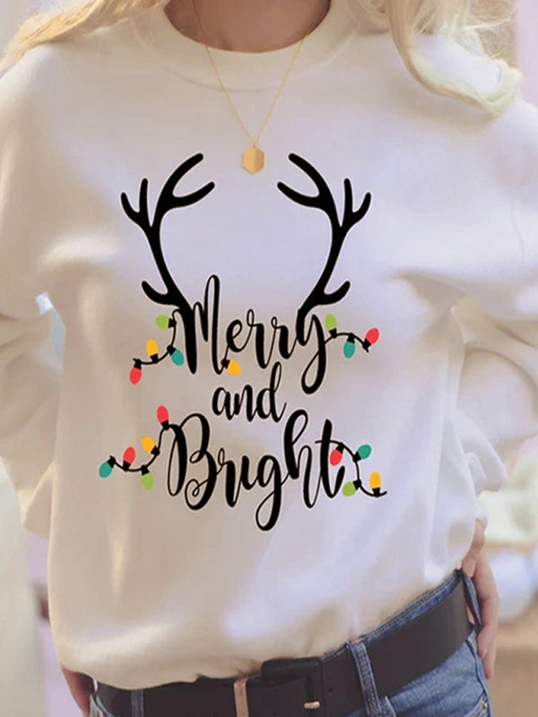 女款休閒長袖寬鬆聖誕圖案印花運動衫