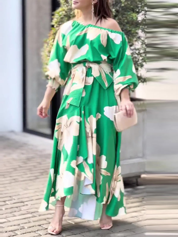 Women's temperament elegant commuter print lantern sleeve dress