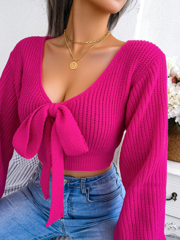 महिलाओं का बो वी-नेक लैंटर्न स्लीव क्रॉप स्वेटर
