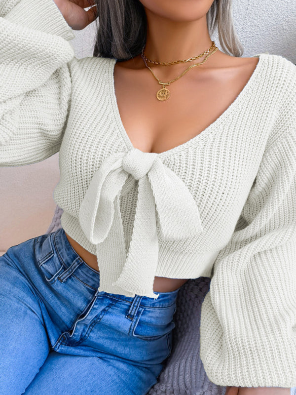 महिलाओं का बो वी-नेक लैंटर्न स्लीव क्रॉप स्वेटर