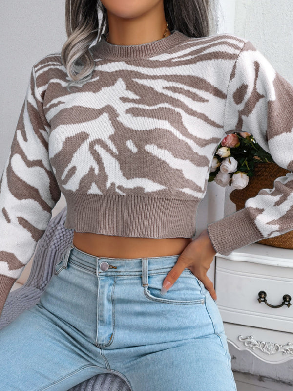 Women's Tiger Print Long Sleeve Crop Knit Sweater