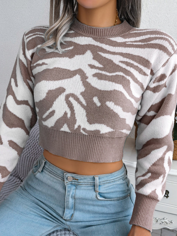 Women's Tiger Print Long Sleeve Crop Knit Sweater
