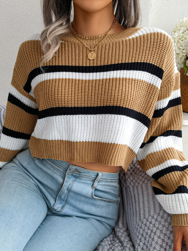 महिलाओं का कैज़ुअल धारीदार लंबी आस्तीन वाला क्रॉप निट स्वेटर