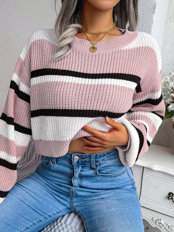 Women's Casual Striped Long Sleeve Crop Knit Sweater