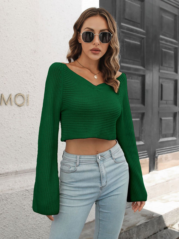 Women's Pleated Flared Sleeve Cropped Sweater