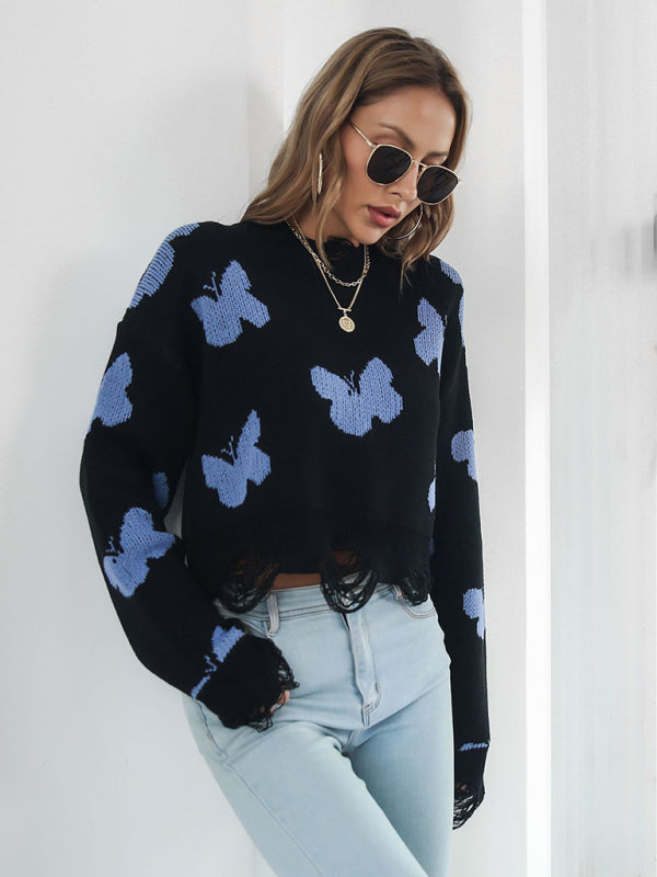 Women's Ripped Butterfly Jacquard Short Sweater