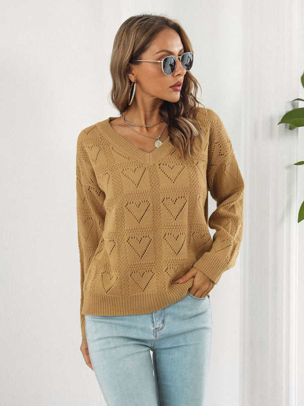 Women's Cutout Heart Plaid Drop-Shoulder Sleeve Sweater