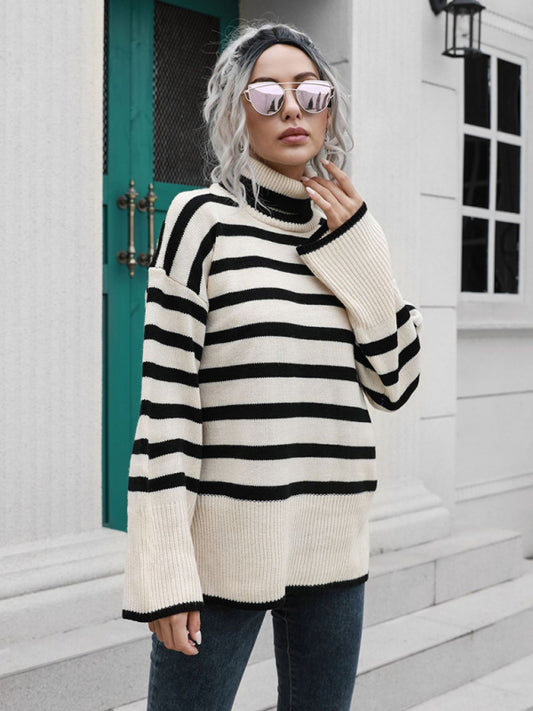 Women's Striped Side Slit Turtleneck Mid Length Sweater