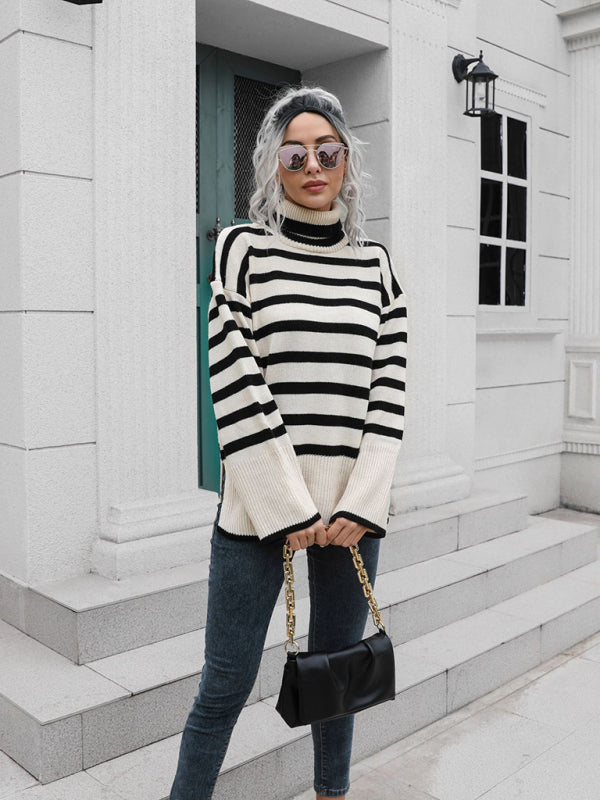 Women's Striped Side Slit Turtleneck Mid Length Sweater