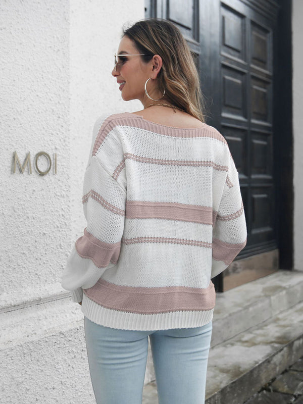 Women's Striped V-Neck Dropped Sleeve Sweater