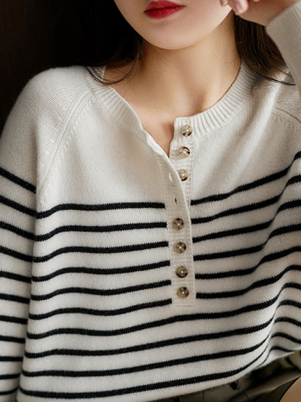 महिलाओं का धारीदार सिंगल ब्रेस्टेड रागलन स्लीव स्वेटर