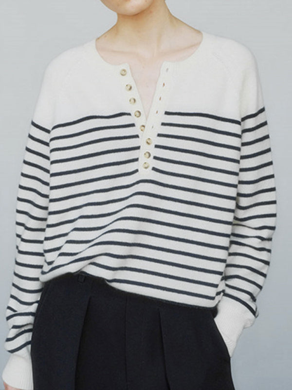 Women's Striped Single Breasted Raglan Sleeve Sweater