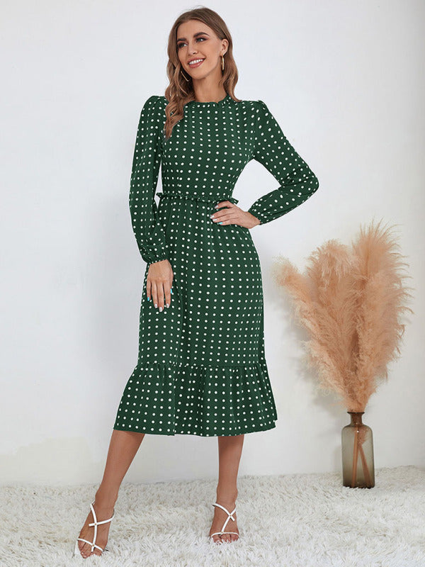 Women's casual long sleeve French polka dot dress