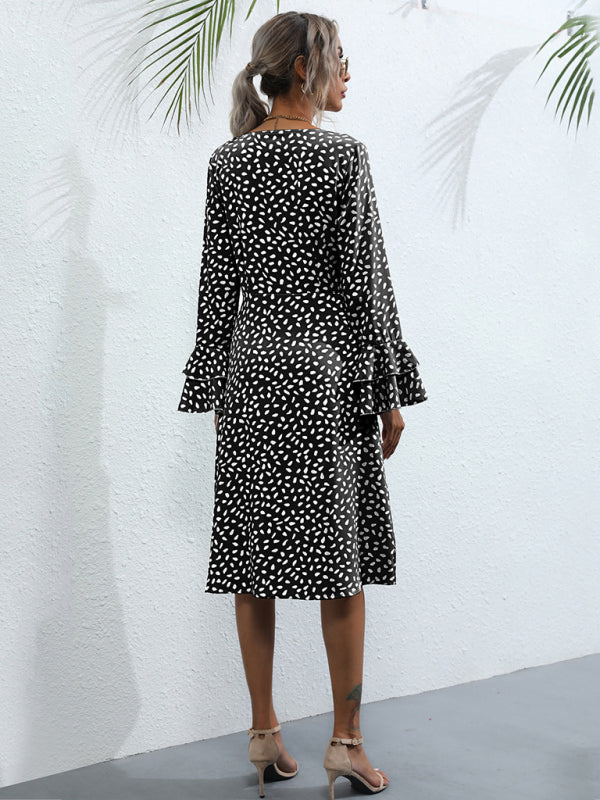 Women's Slim Fit Printed Split Long Sleeve French Dress
