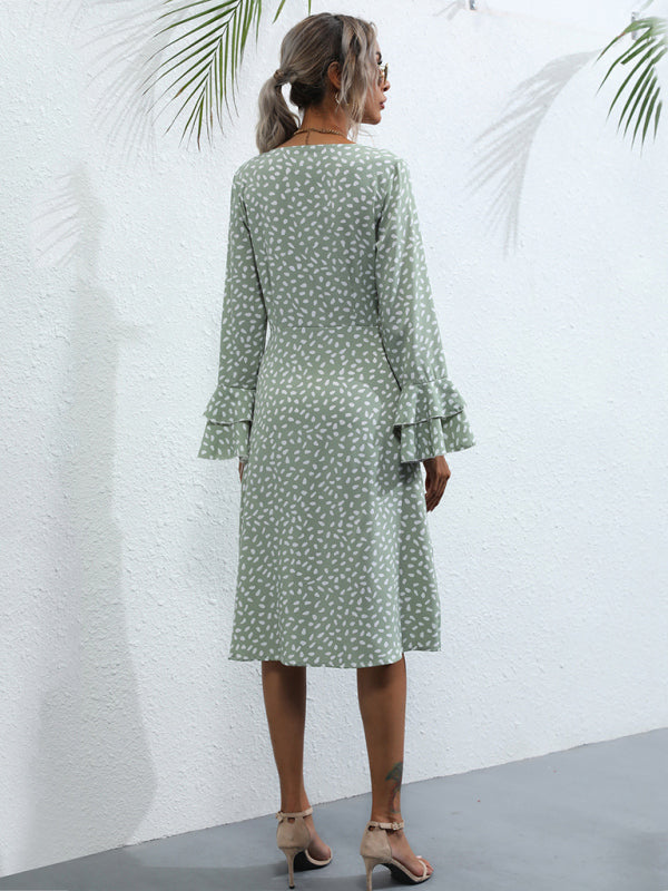 Women's Slim Fit Printed Split Long Sleeve French Dress