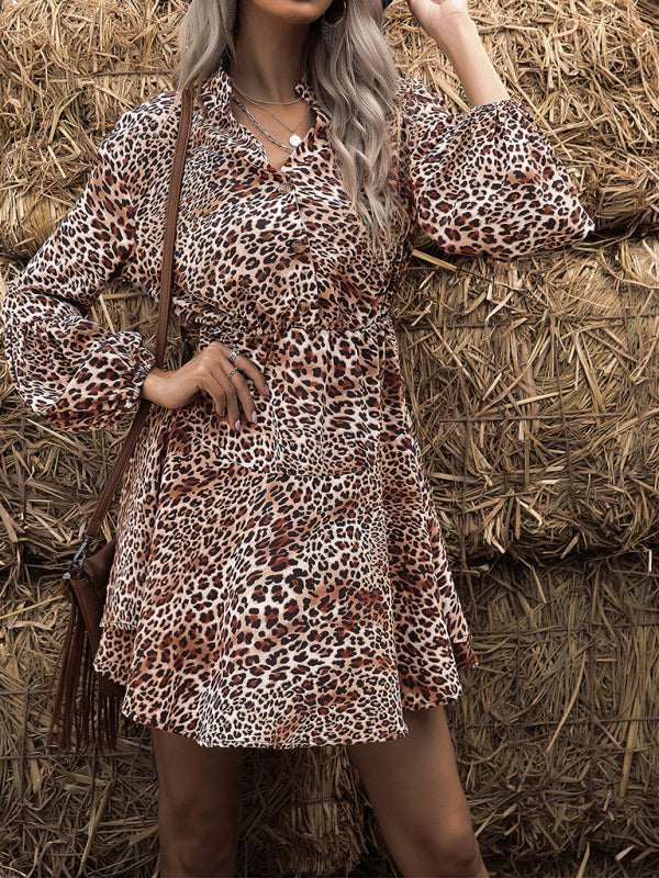 Women's standing collar leopard print dress