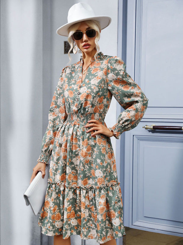 महिलाओं का स्वभाव रफ़ल प्रिंट रेट्रो लंबी आस्तीन वाली पोशाक