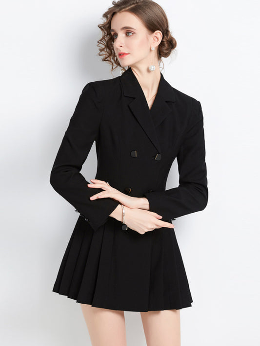 Women's long-sleeved collar double-breasted dress